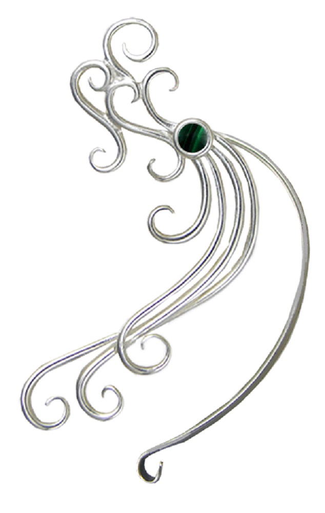 Sterling Silver Wind And Waves Left Only Ear Cuff Wrap With Malachite